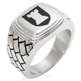 thumbnail image 1 of Stainless Steel Rook Strategy Coat of Arms Shield Geometric Pattern Step-Down Biker Style Polished Ring, 1 of 1