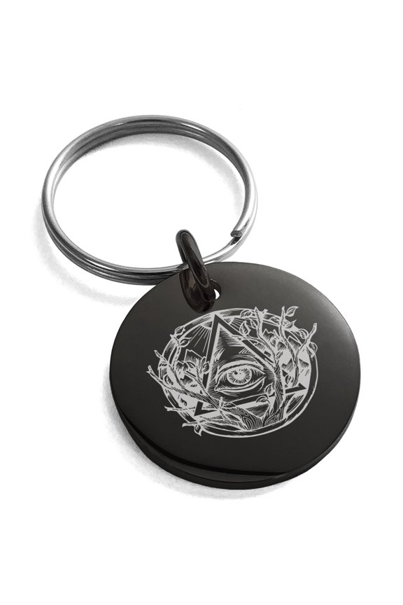Stainless Steel Rootless All Seeing Eye Engraved Small Medallion Circle Charm Keychain Keyring