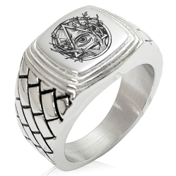 Tioneer Stainless Steel Rootless All Seeing Eye Geometric Pattern Step-Down Biker Style Polished Ring