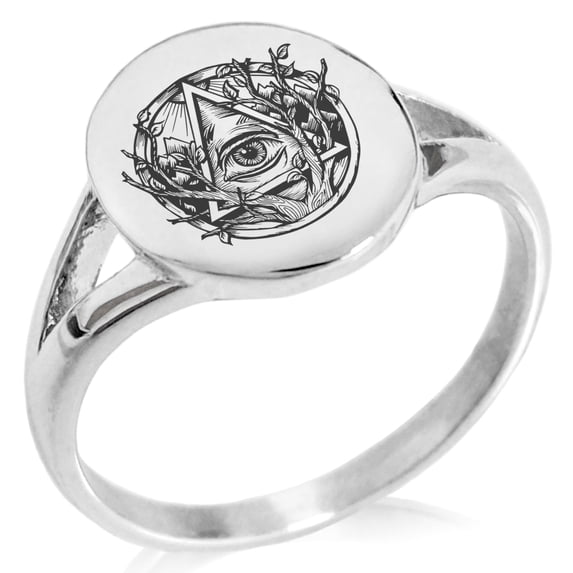 Tioneer Stainless Steel Rootless All Seeing Eye Minimalist Oval Top Polished Statement Signet Ring