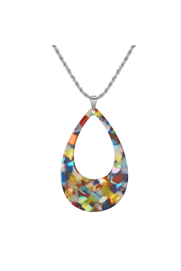 Stainless Steel Rope Chain Fun Vibrant Multi Rainbow Color Teardrop Pendant 19 1/2 inches