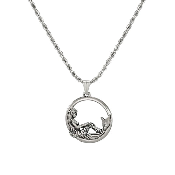 Stainless Steel Rope Chain with Pewter Mermaid Pendant – 19 ½ inches