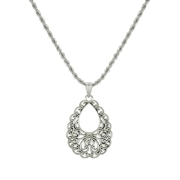 Stainless Steel Rope Chain with Vintage Filigree Teardrop Pendant – 19 1/2 inches