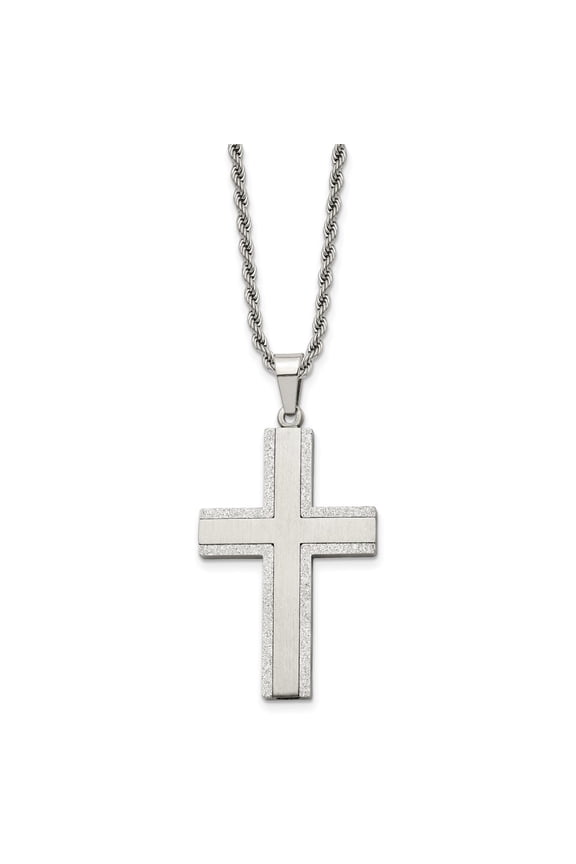 Stainless Steel Rope Necklace with Pendants Chain Chisel Polished Laser Cut Edges Cross Pendant on a 24 inch 28 mm