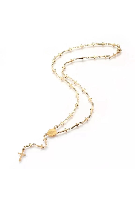 Stainless Steel Gold Rosary Evil Eye( ) Enamel Virgin Mary Cross Bead Chain Necklace 18 Inch Lobster Clasp P31