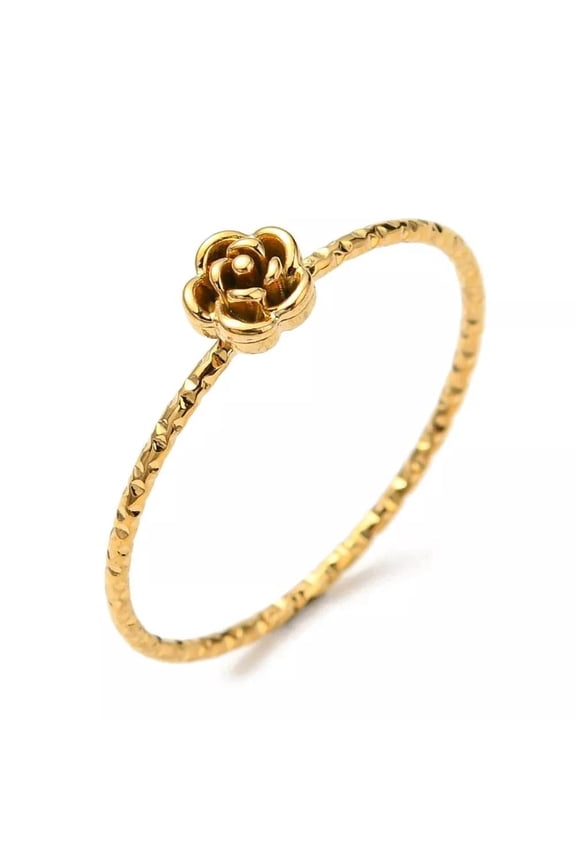 Gold Stainless Steel Rose Flower Finger Ring Golden Minimalistic 1mm Textured Size 8 R24