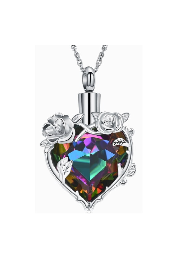 Stainless Steel Rose Flowers Crystal Heart Urn Pendant Memory Necklace for Cremation Ashes Keepsake Memorial Jewelry