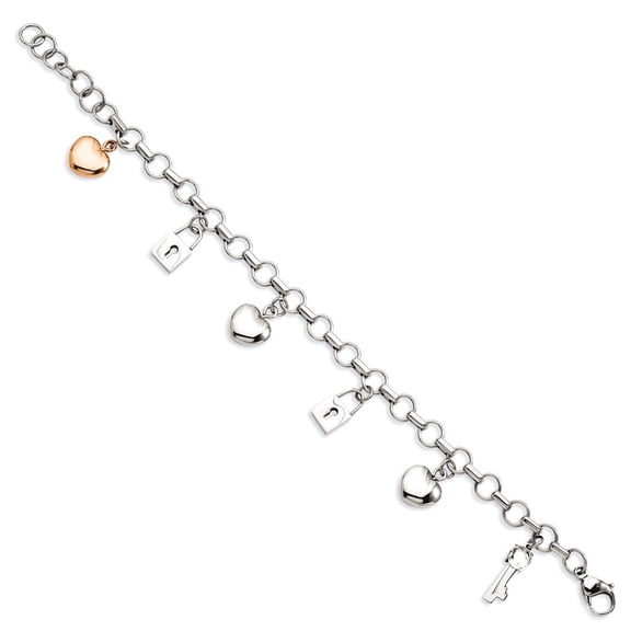 Stainless Steel Rose Gold-Flashed Polished Hearts 7.5inch With Ext Bracelet - 19.4 Grams