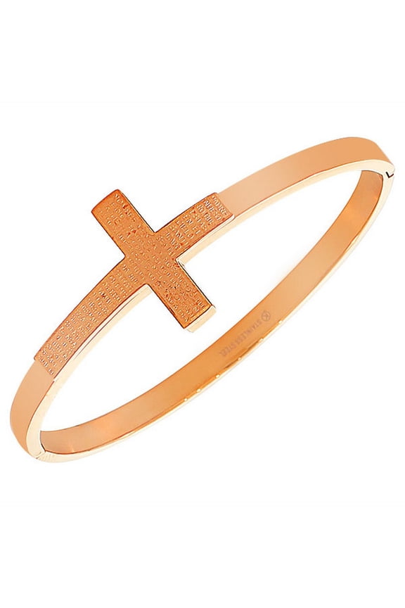 Stainless Steel Rose Gold-Tone Classic Religious Cross Prayer Bangle Bracelet