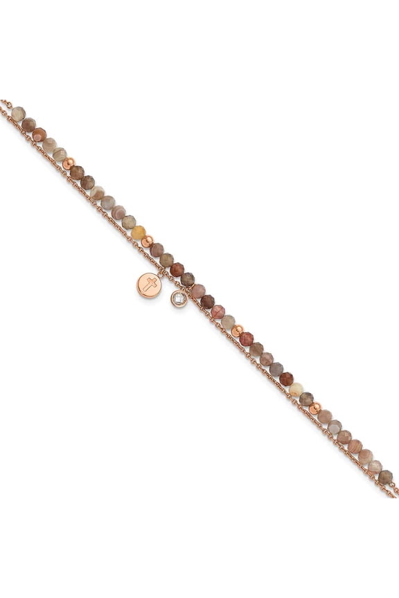 Chisel Stainless Steel Polished Rose IP-plated with Crystal and Imitation Sardonyx Cross 9 inch Anklet Plus 2 inch Extension