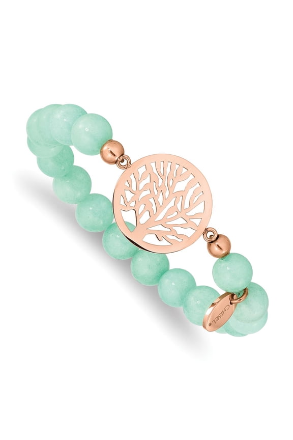 Stainless Steel Rose Ion Plated Tree Green Dyed Jade Stretch Bracelet Fine Jewelry For Women Gifts For Her, 6"