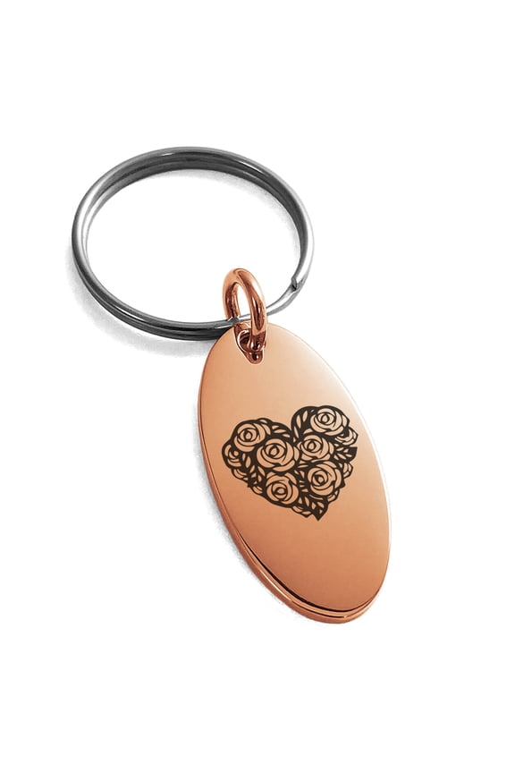 Stainless Steel Rose Petal Heart Engraved Small Oval Charm Keychain Keyring