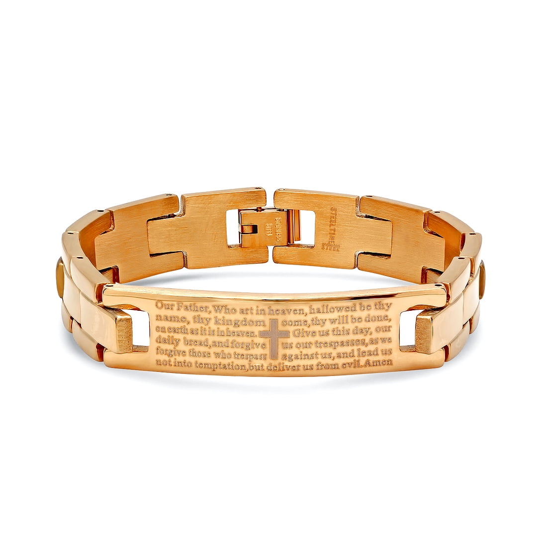 Stainless Steel Rose-tone Mens Lords Prayer Religious Link Bracelet Link Bracelet for Men