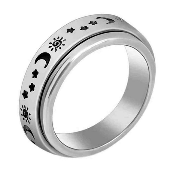 Stainless Steel Rotating Fidget Band Ring Fidget Spinner Ring for Anxiety Stress Relief Platinum Sun Pattern Size 10(19.8mm)