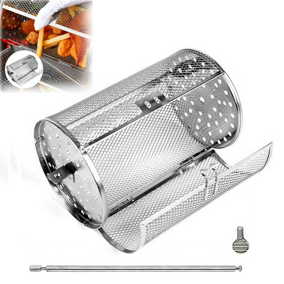 Stainless Steel Rotating Grill, 2025 New Chicken Wing Basket Automatic Wind up 360 Rotisserie BBQ Grill Cage Rolling Outdoor Grilling Baskets Kit Gifts Vegetables Fish Grill Accessories