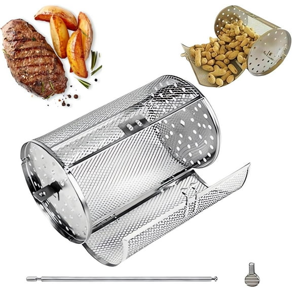 Stainless Steel Rotating Grill, Chicken Wing Basket Automatic Wind Up 360 Rotisserie BBQ Grill Cage Rolling, Stainless Steel Rotisserie Grill, Rolling Outdoor Grilling Baskets