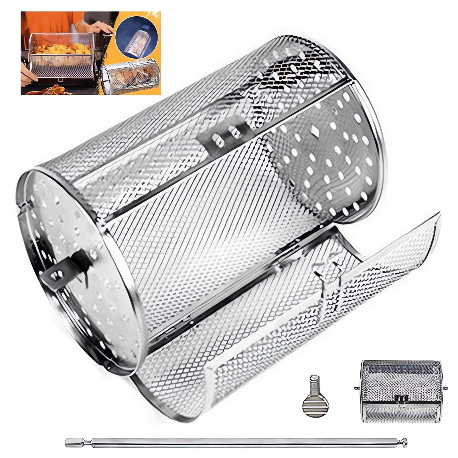 Wind Up Bbq Rack Stainless Steel Rotating Grill Chicken Wing Basket Automatic Wind up ...