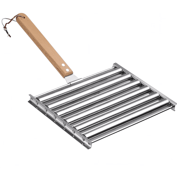 Stainless Steel Rotating Hot Dog Roller  Grill Accessory with Extra-Long Wooden Handle, Anti-Scalding Tool for Outdoor Garden, Lawn, Camping & BBQ (RL 7.09x6.89 inch, 1 PC)