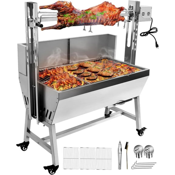 Stainless Steel Rotisserie Grill, 25W Motor Small Pig Lamb Rotisserie Roaster, 37'' 2 In 1 BBQ Charcoal Rotisserie Grill for Camping Outdoor