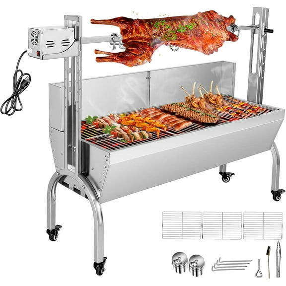 Stainless Steel Rotisserie Grill with Back Cover Guard, 176Lbs Capacity 25W Motor Small Pig Lamb Rotisserie Roaster, 48.7 Inch BBQ Charcoal Rotisserie Grill for Camping Outdoor