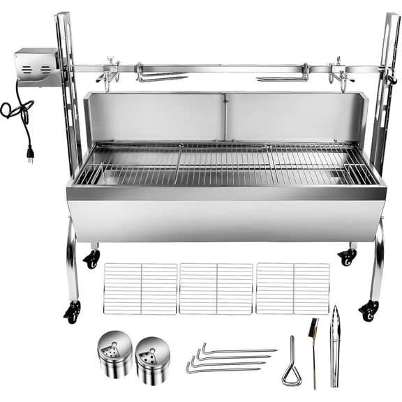 Stainless Steel Rotisserie Grill with Back Cover Guard, Electric Motor Outdoor Cooking Spit Roaster, Rated 176 LBS BBQ Whole Pig Charcoal Grill Rotisserie Roaster System
