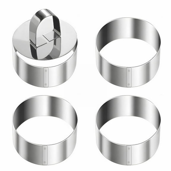 Stainless Steel Round Cake Mold Set - 4 Pcs Round Ring for Cooking Stainless 3 Inch Food with 1 Pusher for Cake Dessert Tartare Dessert with Pusher & Lifter Cooking Rings Tartare