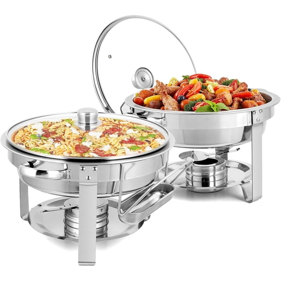 Stainless Steel Round Chafing Dish Buffet Set with Glass Lid and Holder, 5 Quart Capacity, Thick Stand Frame for Catering and Events
