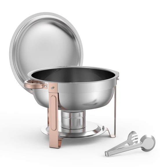 Stainless Steel Round Chafing Dish Set, 5 Qt Capacity - Rose Gold Buffet Serving Pan with Full-Size Lid