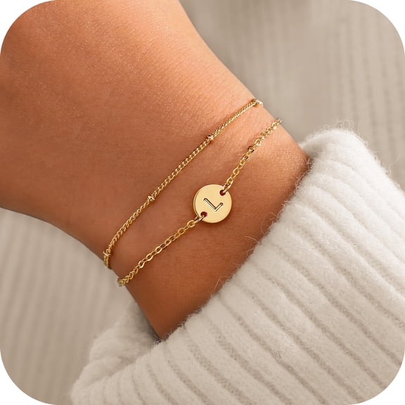 Turandoss 14K Gold Plated Dainty Charm Disc Double Initial Link Bracelet for Women Letter A-Z Summer Jewelry Personalized Birthday Gift for Women Girls