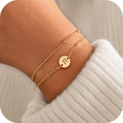 Turandoss 14K Gold Plated Dainty Charm Disc Layered Initial Link Bracelet for Women Letter A-Z Jewelry Personalized Birthday Gift for Women Sister