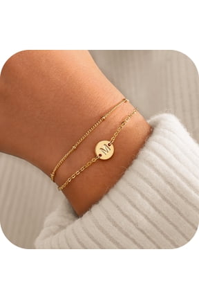 14K Gold Plated Dainty Charm Disc Layered Initial Link Bracelet for Women Letter A-Z Trend Jewelry Personalized Birthday Gift for Women Girls Mom