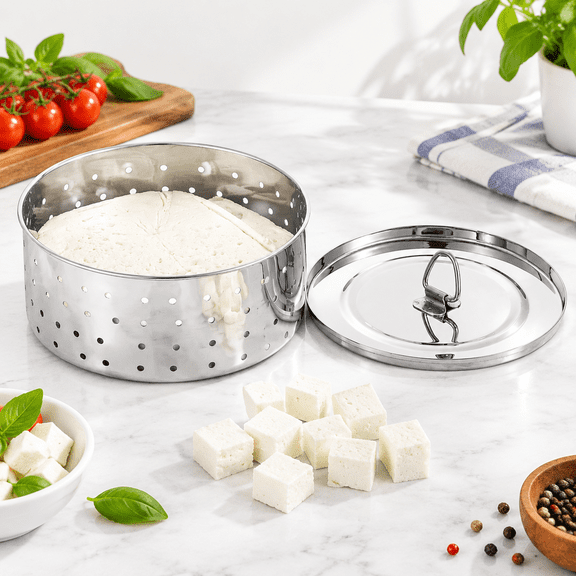 Stainless Steel Round Paneer Maker Mould with Pressing Lid, 5.79 x 5.79 x 2.76 inches