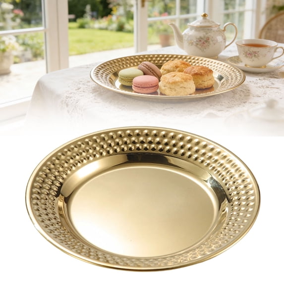 Stainless Steel Round Plate,Hammered Texture Stackable Serving Dish for BBQ,Restaurant,or Home Dining,Durable Dinnerware,Appetizer Plate,Gold Smooth,9.4"