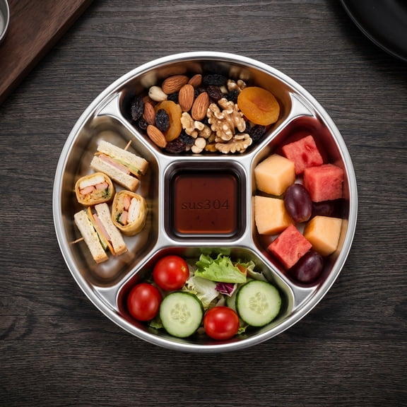 Stainless Steel Round Serving Plate with Five Compartments, Divided Dish for Meal Prep Snacks Appetizers Household Kitchen Use