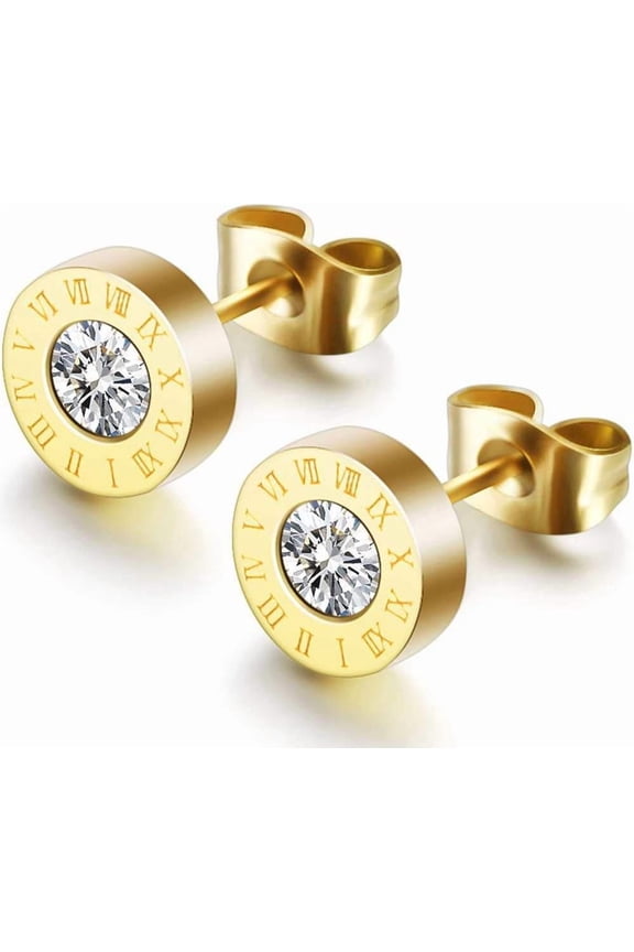 Stainless Steel Round Shape Cubic Zircon Roman Numbers Stud Earrings
