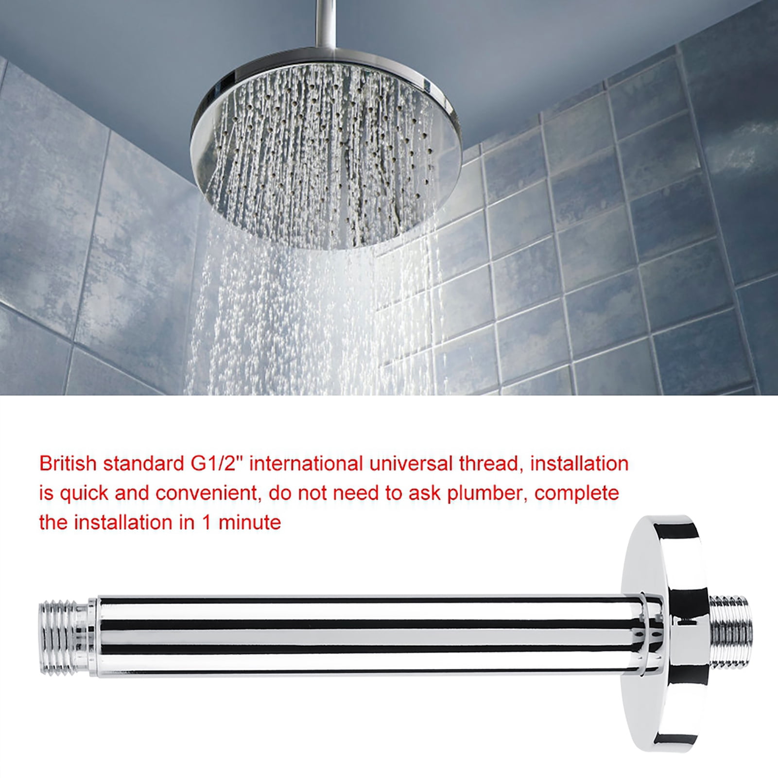 Stainless Steel Chrome Shower Arm & Flange - Round Top Ceiling/Wall Mount For Rainfall Shower Head (6", 8", 10", 12")