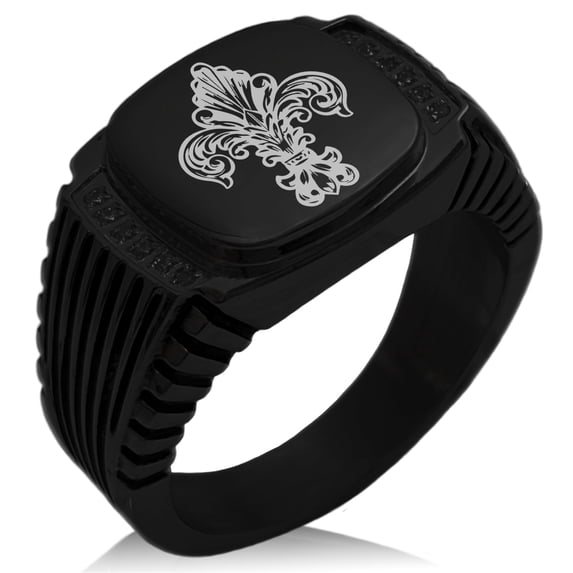 Tioneer Stainless Steel Royal Fleur De Lis CZ Ribbed Needle Stripe Pattern Biker Style Polished Ring