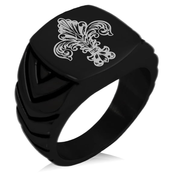 Tioneer Stainless Steel Royal Fleur De Lis Chevron Pattern Biker Style Polished Ring
