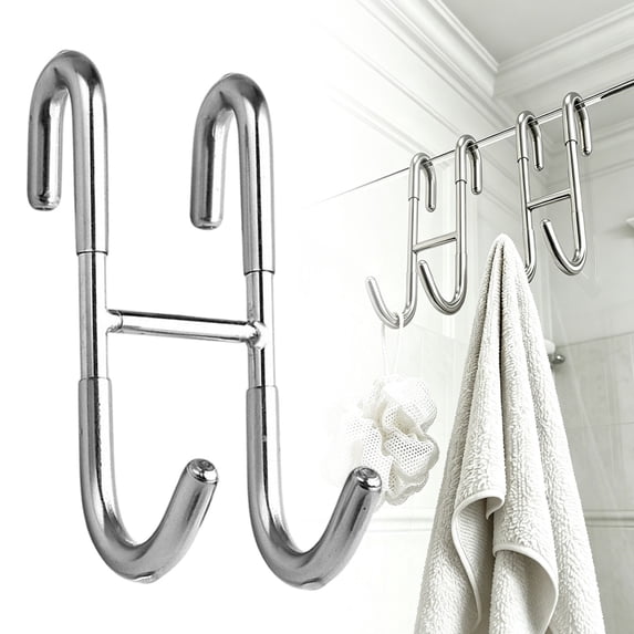 Stainless Steel S-Shaped Over-the-Glass-Door Towel Hook, Drill-Free Rust-Proof Hanger for Towels, Robes, Loofahs, Shavers, Space-Saving Bathroom Organizer, Fits Framed & Frameless, Silver, By Cosmug