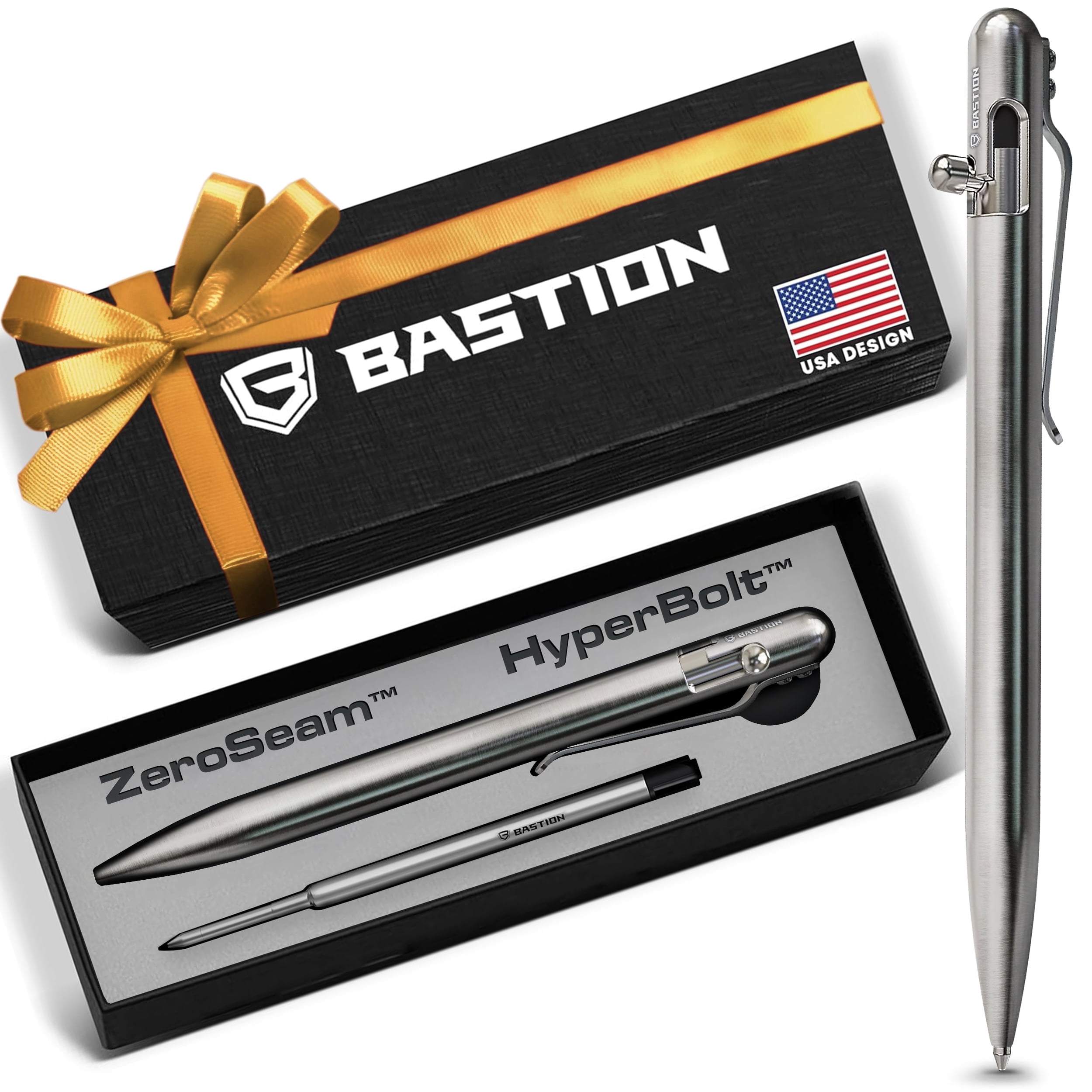 Bastion Stainless Steel Slim Bolt Action Pen, Ballpoint Refillable, 1 Count