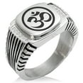 thumbnail image 1 of Tioneer Stainless Steel Sacred Circle Sanskrit Om CZ Ribbed Needle Stripe Pattern Biker Style Polished Ring, 1 of 1