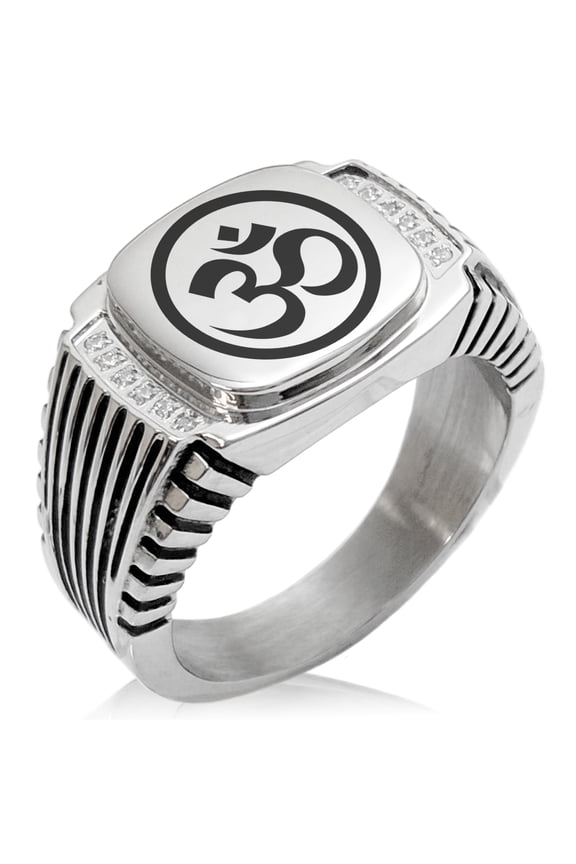 Stainless Steel Sacred Circle Sanskrit Om CZ Ribbed Needle Stripe Pattern Biker Style Polished Ring