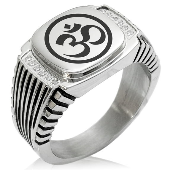 Tioneer Stainless Steel Sacred Circle Sanskrit Om CZ Ribbed Needle Stripe Pattern Biker Style Polished Ring
