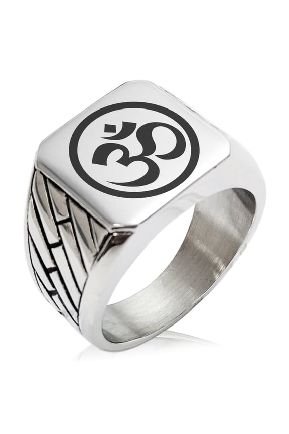 Stainless Steel Sacred Circle Sanskrit Om Geometric Pattern Biker Style Polished Ring