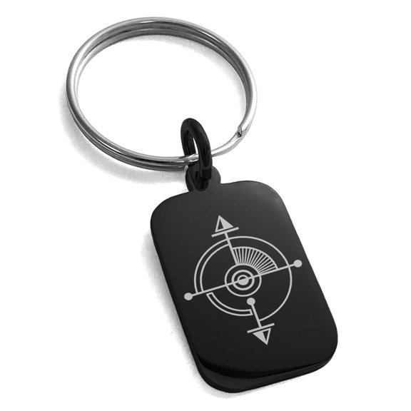 Tioneer Stainless Steel Sacred Geometric Compass Engraved Small Rectangle Dog Tag Charm Keychain Keyring