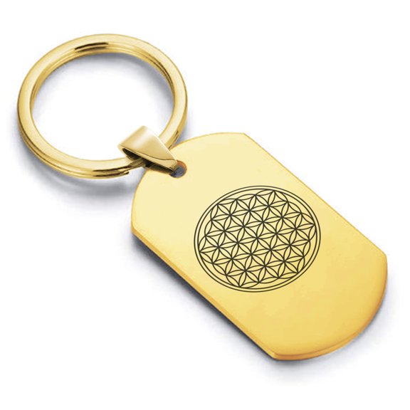Stainless Steel Sacred Geometry Flower of Life Dog Tag Keychain Circle Ring