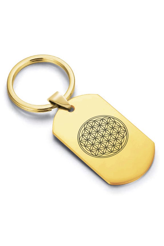 Stainless Steel Sacred Geometry Flower of Life Dog Tag Keychain Circle Ring