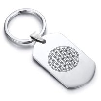 Stainless Steel Sacred Geometry Flower of Life Dog Tag Keychain Circle Ring