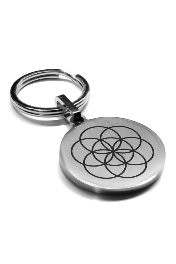 Stainless Steel Sacred Geometry Seed of Life Round Medallion Keychain Circle Ring