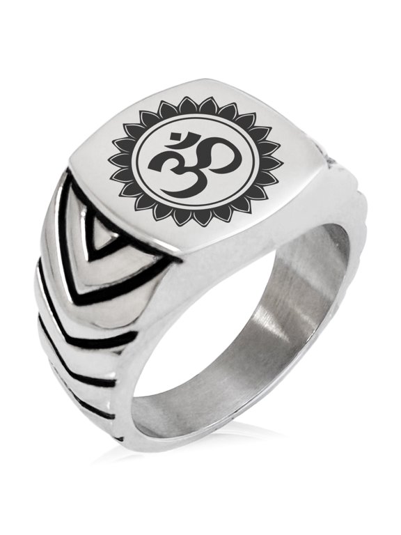 Stainless Steel Sacred Lotus Sanskrit Om Chevron Pattern Biker Style Polished Ring
